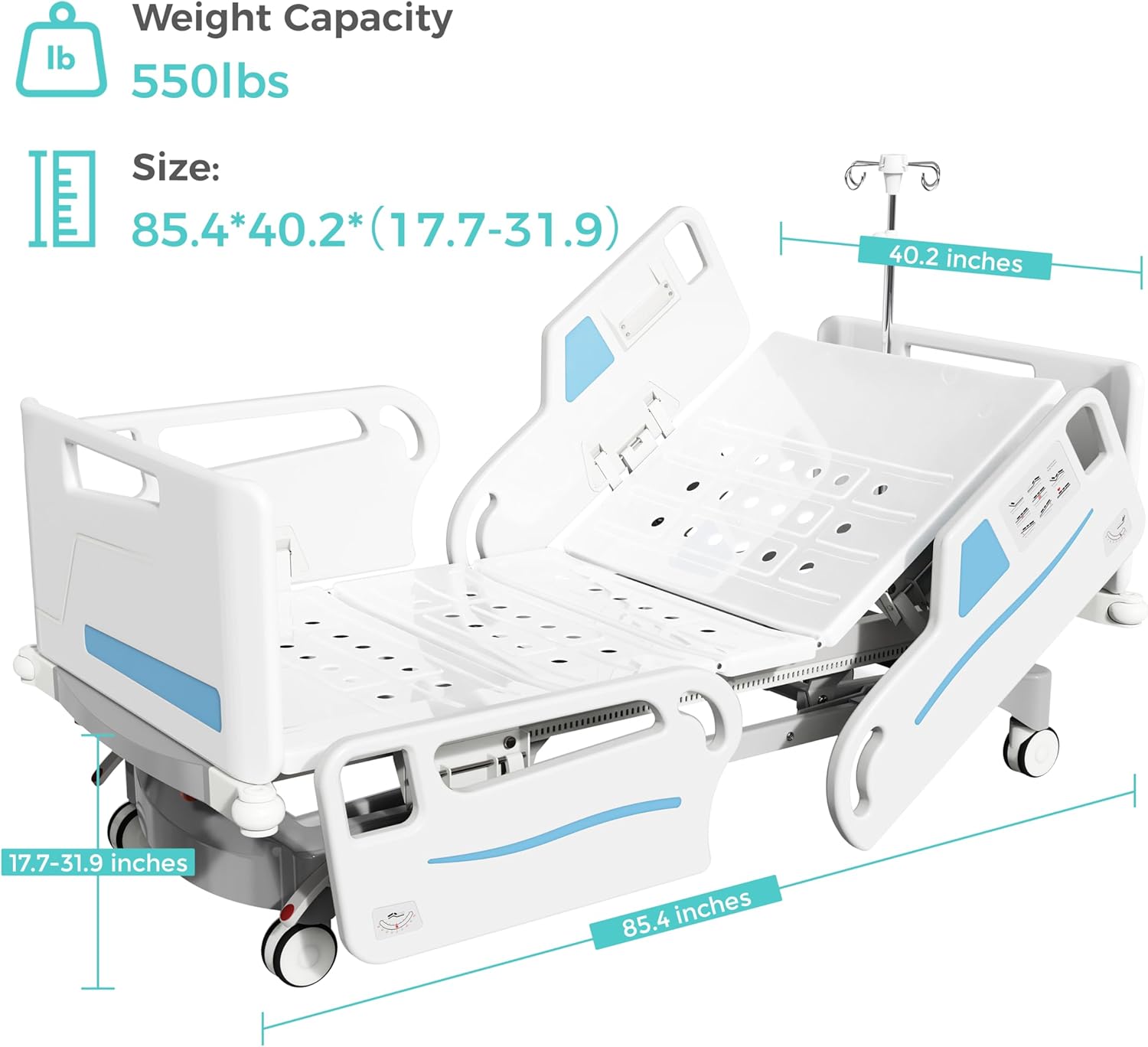 Premium 5 Functions Full Electric ICU Hospital Bed with 4.7" Waterproof Mattress,Adjustable Height 17.7" to 31.9",Central Control System,5" Casters,550 LBS Capacity-Ideal for Home Use
