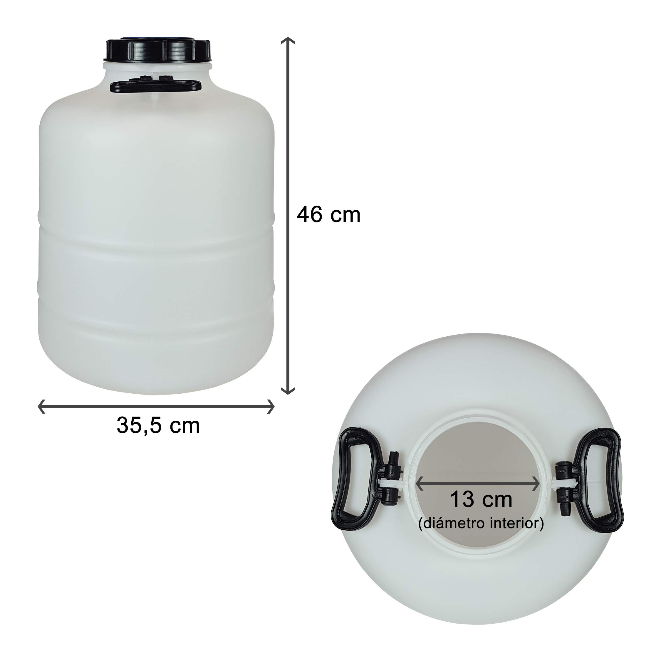 Bidón Garrafa Plástico Alimentario 30 litros y asas redondo. Boca ancha. Apto para agua consumo humano y todo tipo de líquidos o sólidos.