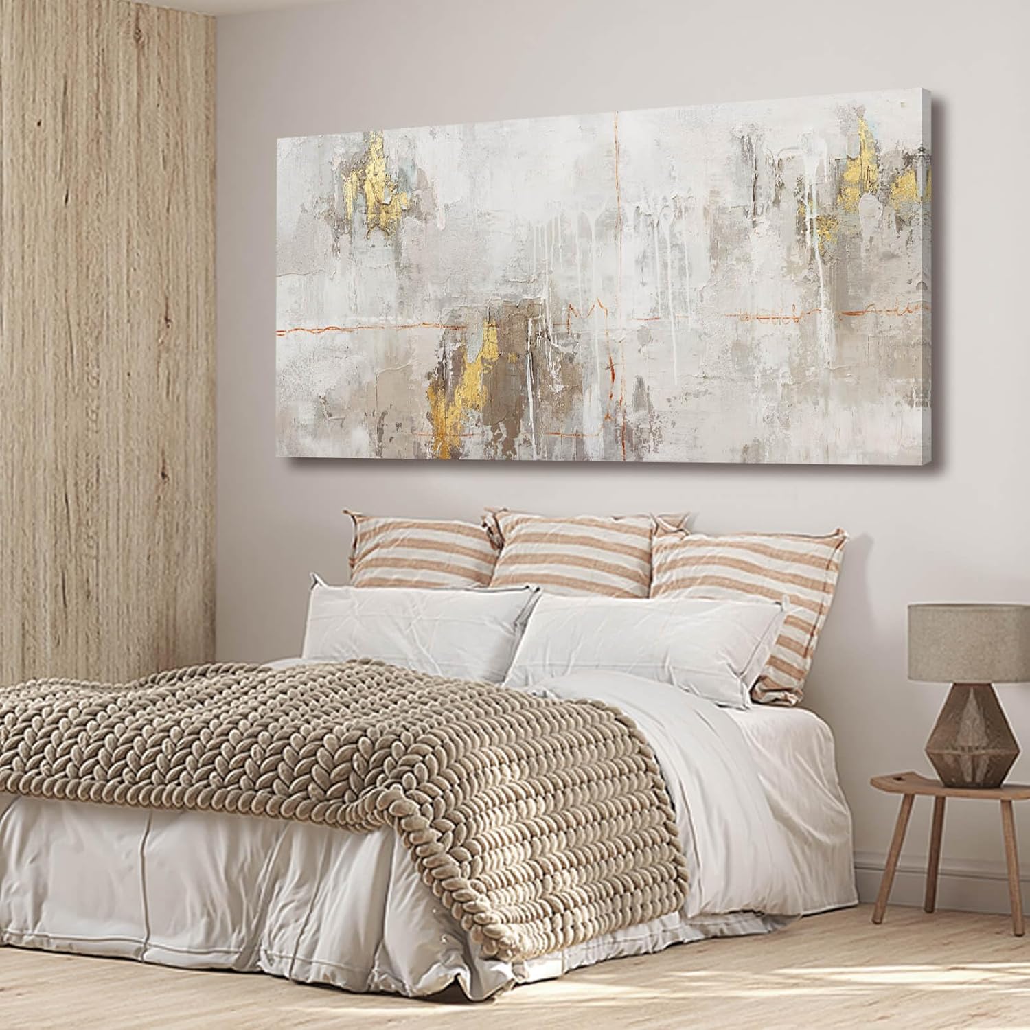 VAYIMDH Minimalist Wall Decor White with Gold Canvas Wall Art Grunge Posters Modern Abstract Paintings for Living Room Bedroom Dining Room 29"x 58"