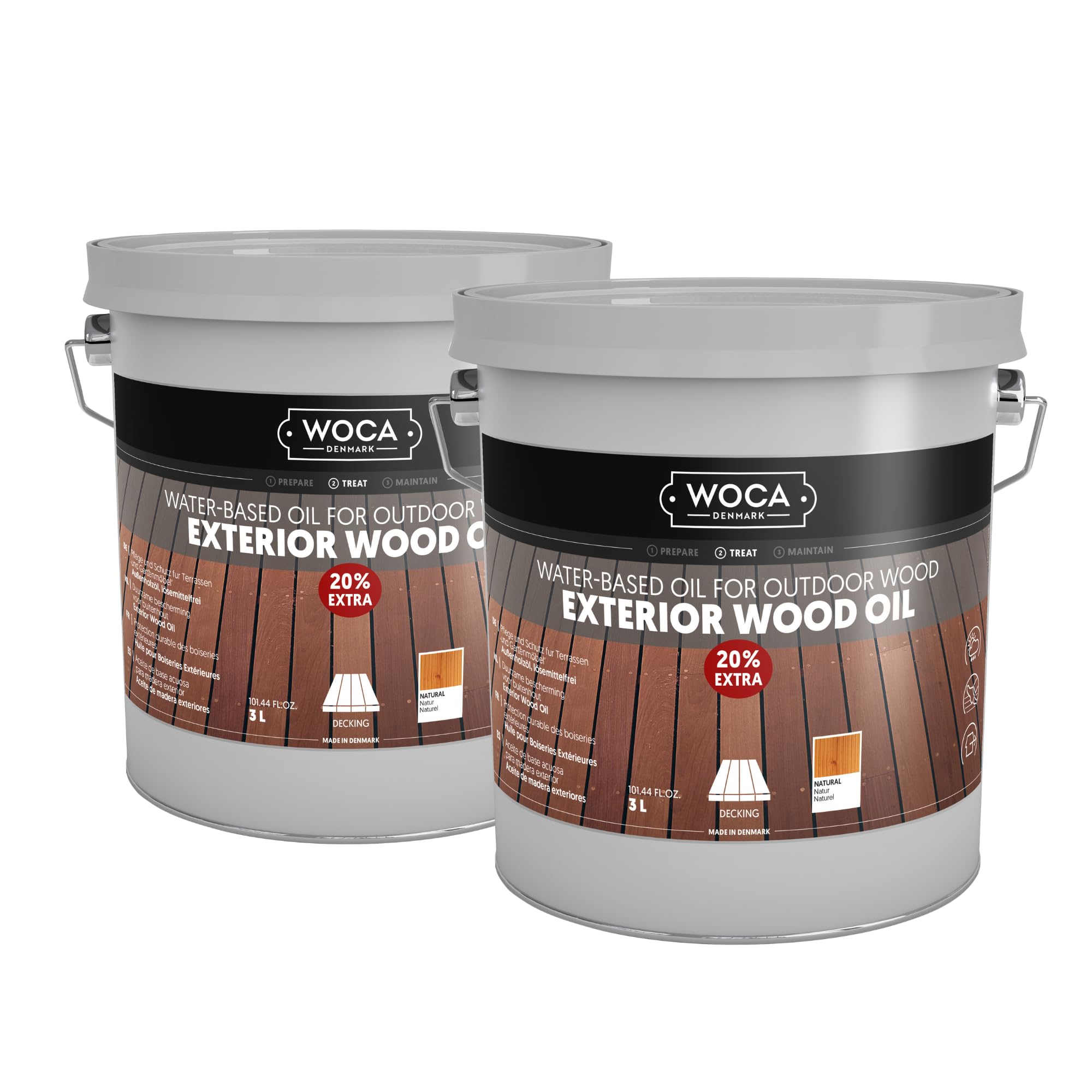 WOCA Denmark - Aceite de madera para terraza (2 x 3 L, penetrante a base de agua, para terrazas de madera, vallas, revestimientos y muebles al aire libre)