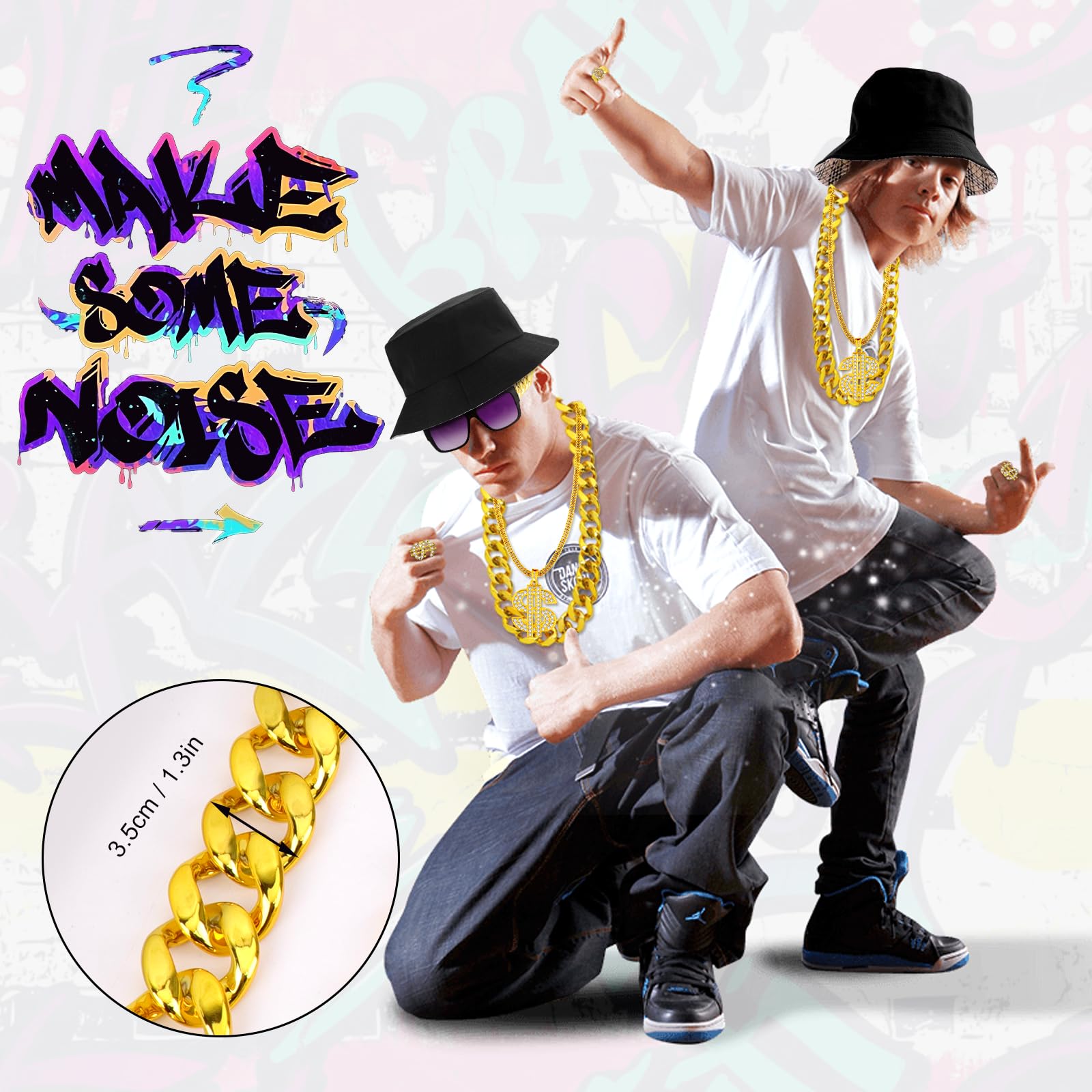 Dreamtop 6Pcs Hip Hop Costume kit 80s 90s Hip Hop Fancy Dress Rapper Fancy Dress Accessories with Bucket Hat Fake Gold Chain Dollar Sign Necklaces Rings Sunglasses for Women Men Hippie - Image 4