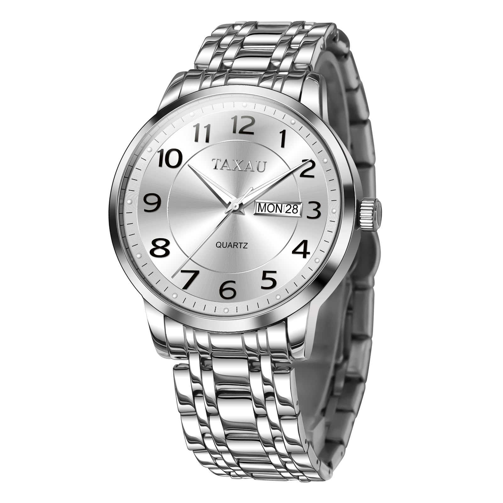 Taxau Silver Men's Wrist Watches with Day Date Large Face Watch Quartz Analog Classic Arabic Numerals Waterproof Dress White Watches for Mens