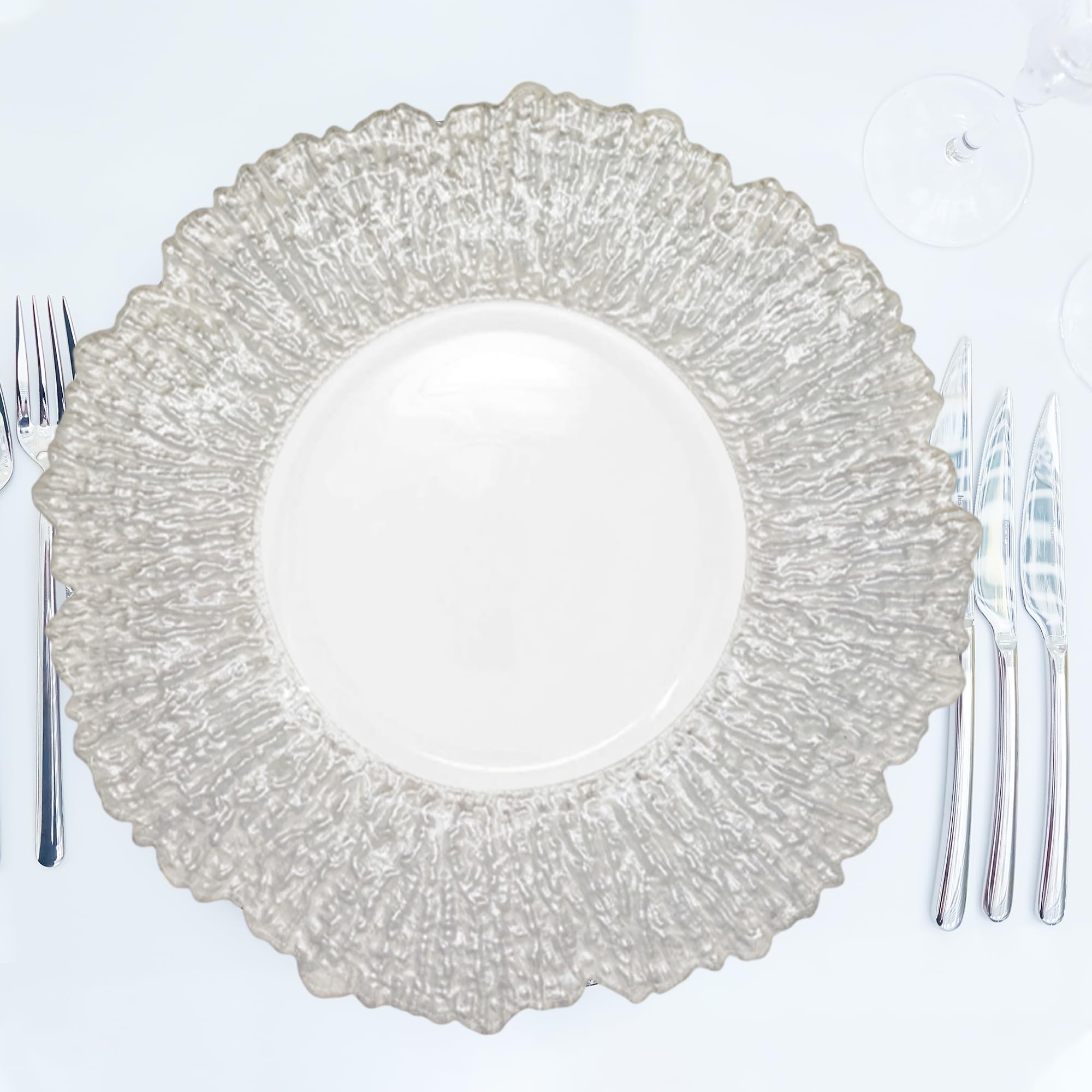 Elegancka srebrna płytka do ładowania ze szkła z pękniętym szkłem, 33 cm, idealna na wesela, dekoracje, imprezy, specjalne wydarzenia, rocznice, zastawę stołową i urodziny, 12 szt