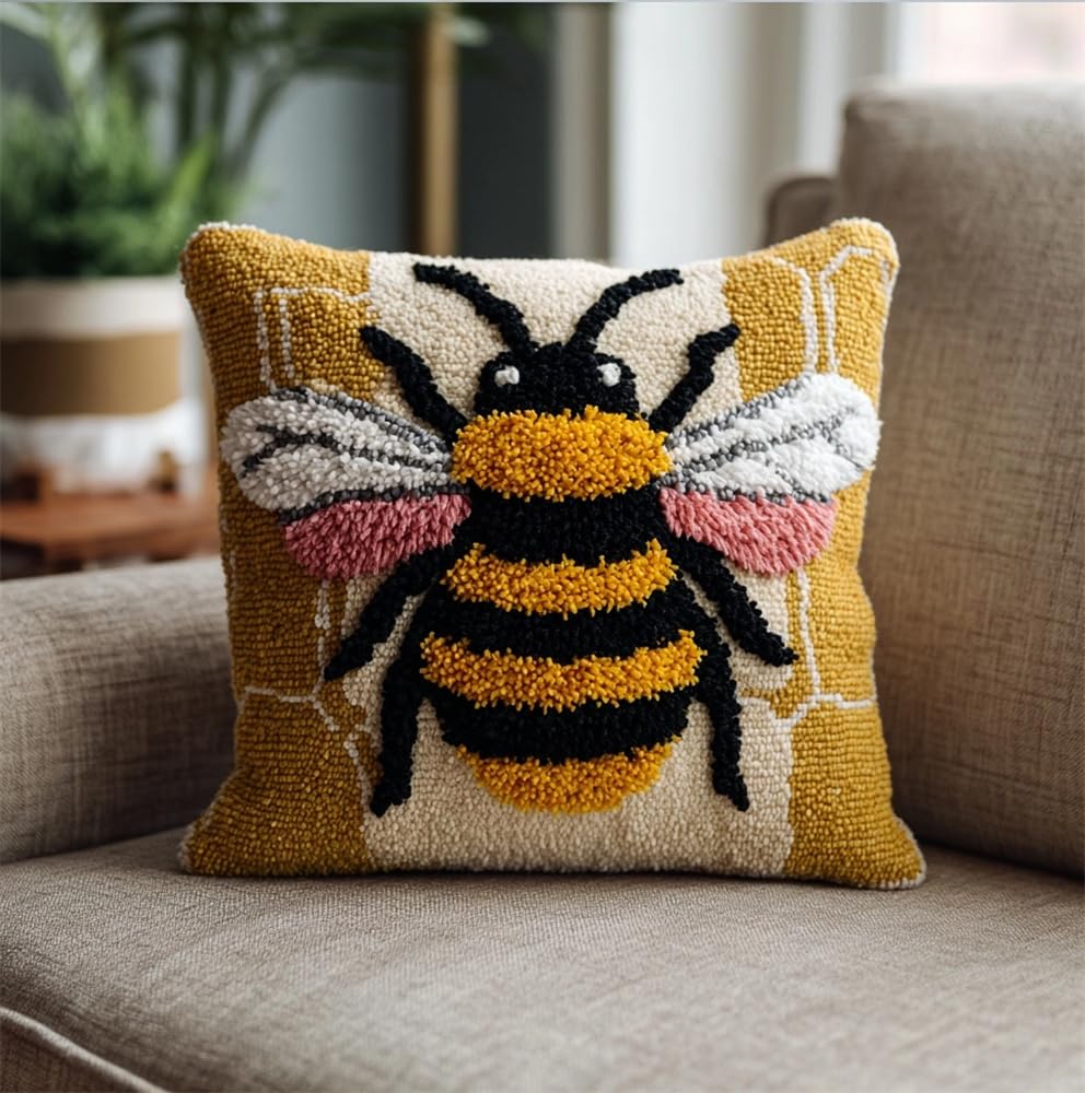 kitphoenix Latch Hook Cushion Kits Bee Latch Hook Pillow Case Kits Embroidery Kits 17X17Inch DIY Needlework Pillow Cover Sofa Cushion Rug Making Kits, DIY Craft Kits 17X17Inch