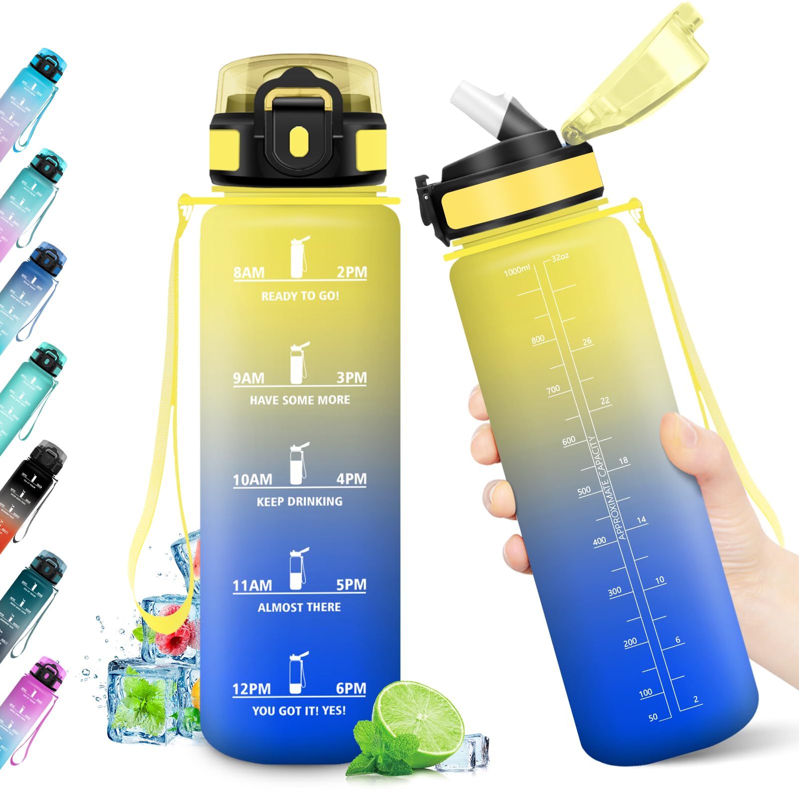 Borraccia 1L, Bottiglia con Indicatore del Tempo Motivazionale, Bottiglia con Cannuccia, Riutilizzabile, senza BPA, A Prova di Perdite, per Fitness, Scuola, Ufficio, Ciclismo, Alpinismo, Yoga
