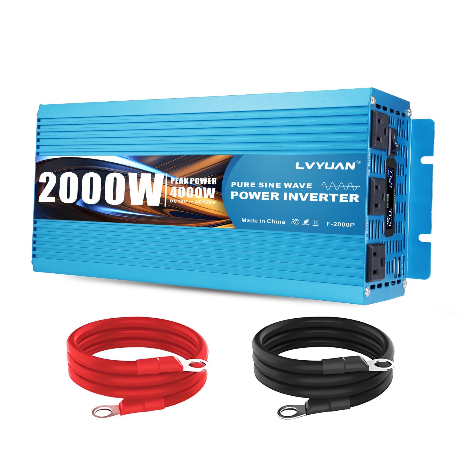 LVYUAN 2000 Watt Pure Sine Wave Inverter 12V to 110V 120V DC to AC with LCD Display, 3 U.S. Outlet, USB Charger Ports, Car Power Inverter for Vehicles, RV, Outdoor, Home