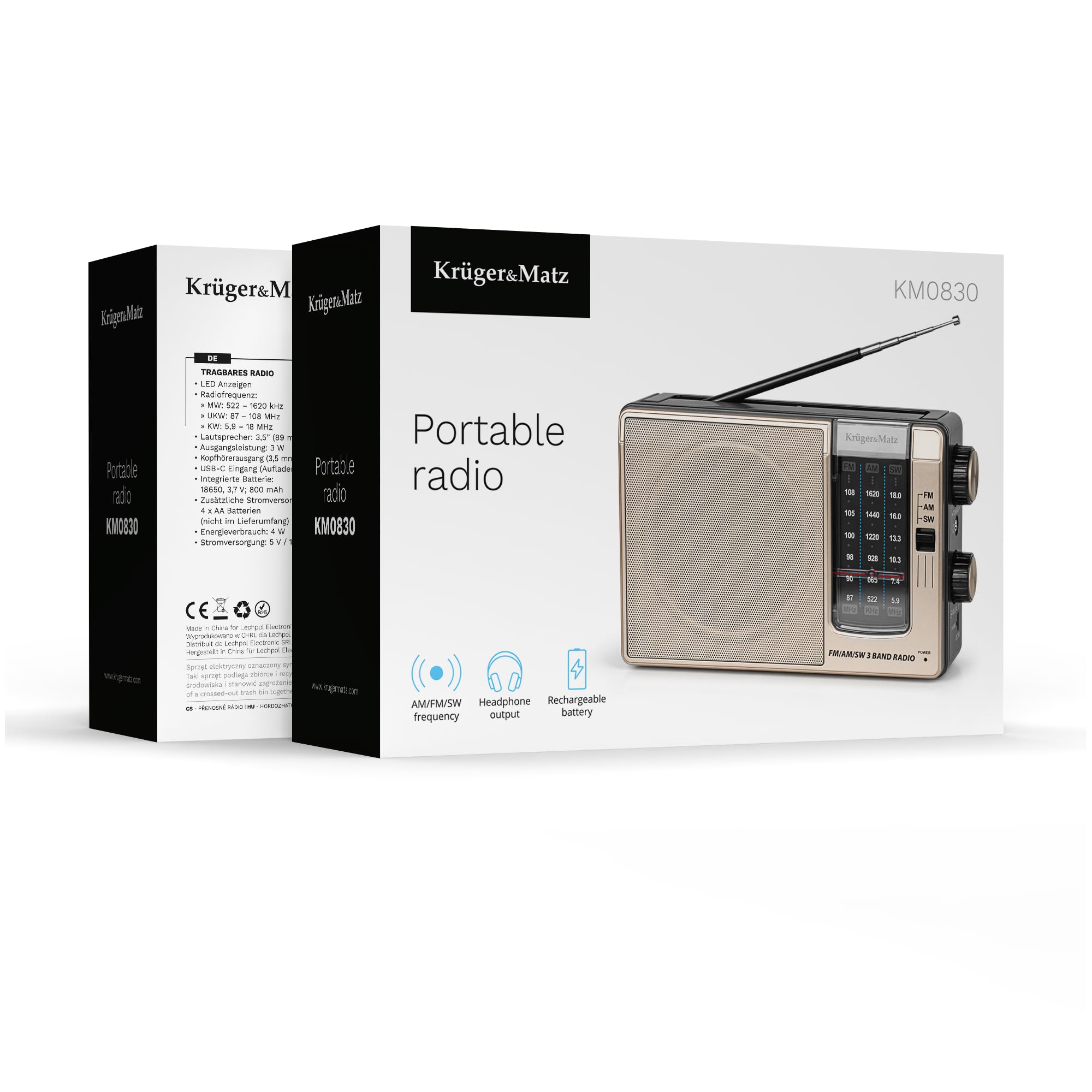 Krüger&Matz Radio Przenośne Analogowe Moc 3W AM/FM/SW Akumulator 800mAh Antena Teleskopowa Jack 3,5 KM0830