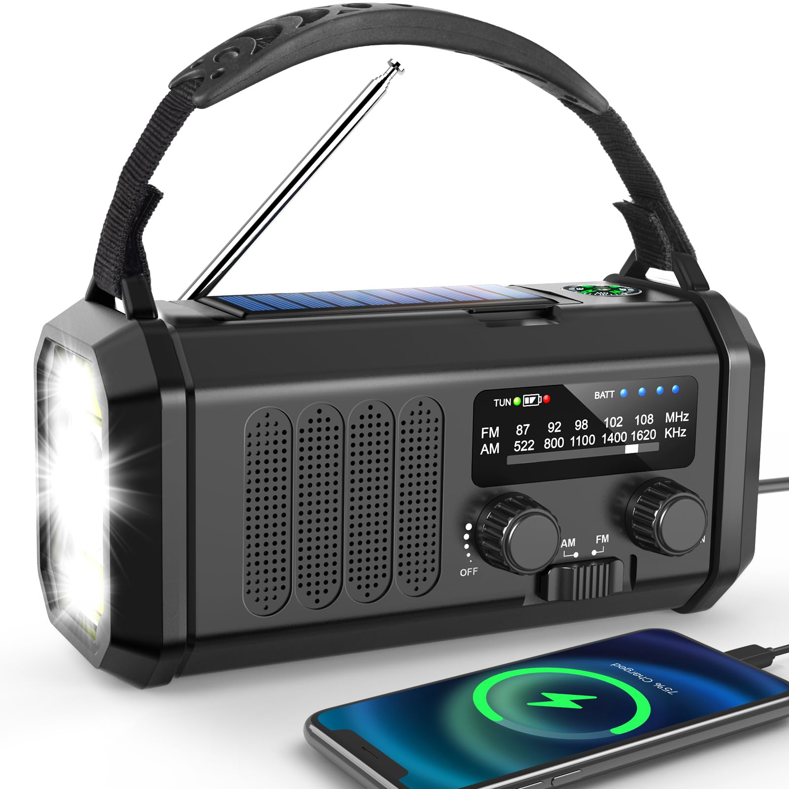 Dslive Wind Up Radio, Solar & Hand Crank Emergency Radio with 10,000mAh Power Bank, AM/FM Portable Radio, LED Torch, Reading Lamp, SOS Alarm & 5V USB Output for Outdoor, Camping, Hiking — view 9