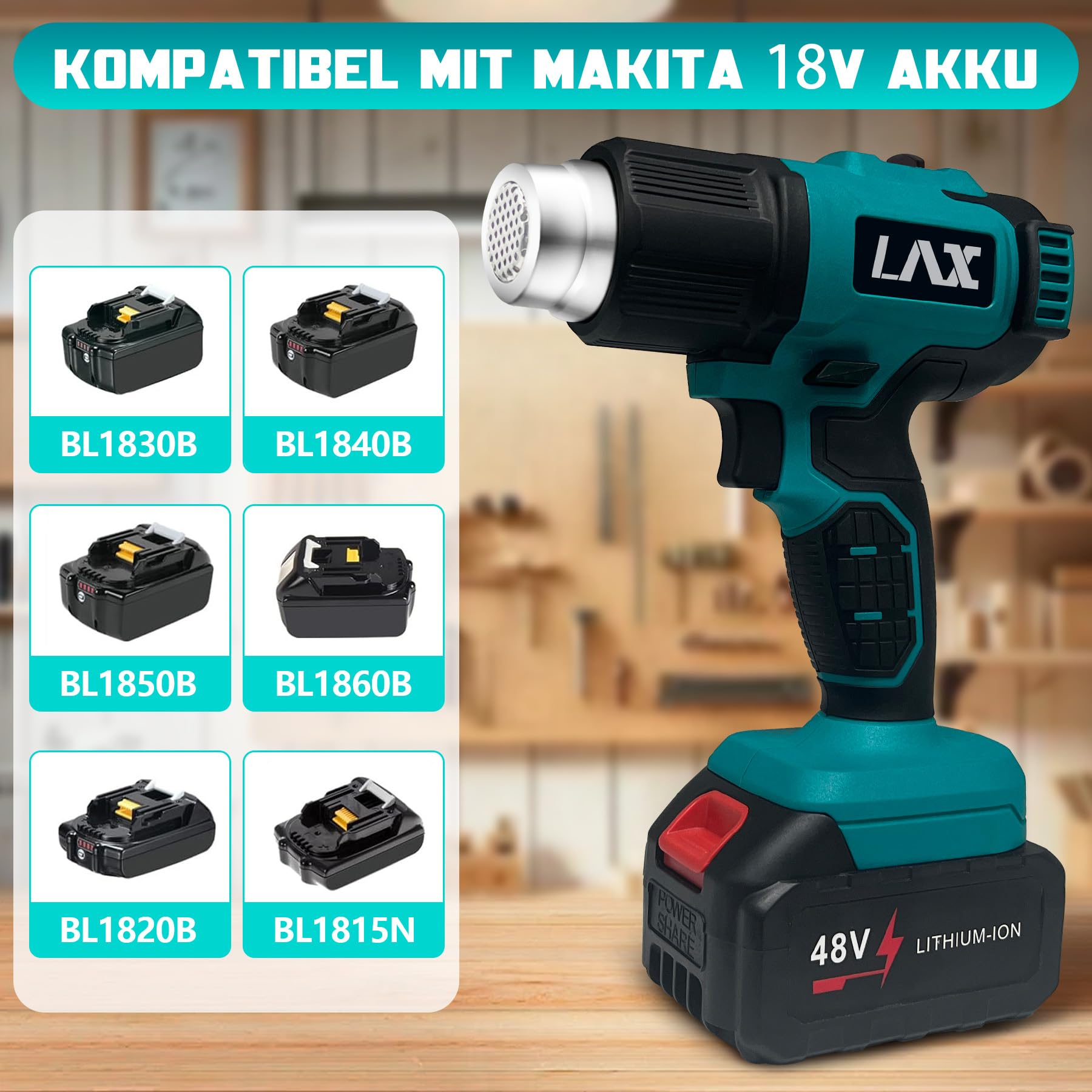 Bezprzewodowa opalarka do Makita 18V (BL1830/1840/1850/1860) - 300/550°C pistolet na gorące powietrze, 4 dysze i stojak, szybkie nagrzewanie, do usuwania farby, pakowania termokurczliwego