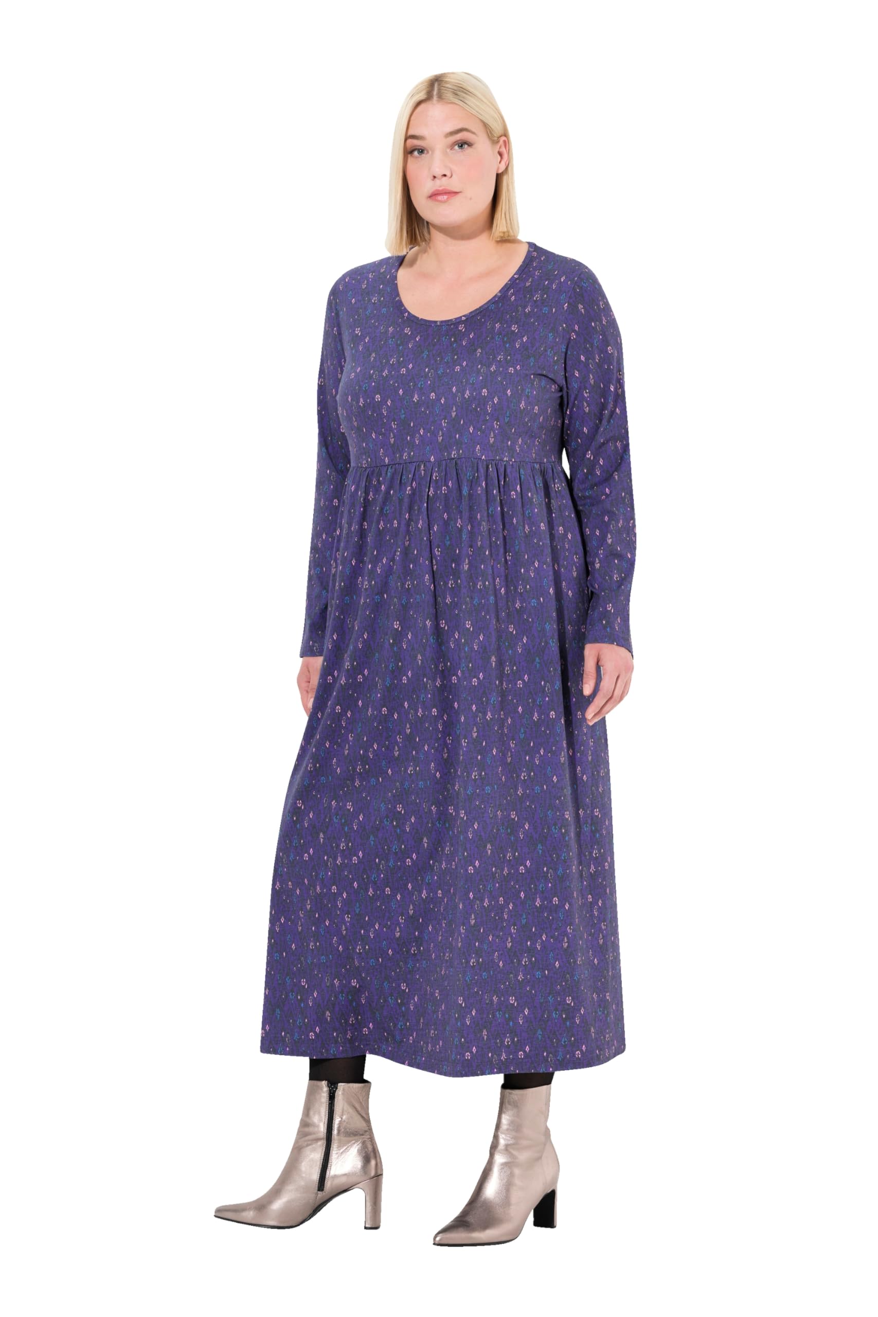 Ulla Popken Damen große Größen Übergrößen Plus Size Jerseykleid, grafischer Druck, A-Linie, Rundhals, Langarm 834376