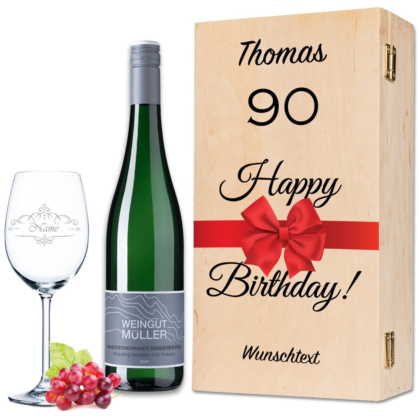 GRAVURZEILE Leonardo Weinglas mit Gravur - Happy Birthday 90 Jahre - Personalisiert mit Name & Text - inkl. Holzkiste & Flasche Wein von Riesling Tandem - Geschenk Set zum 90. Geburtstag für Sie & Ihn