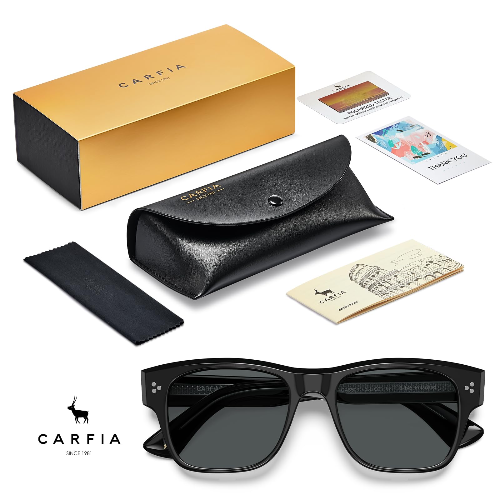 CARFIA Okulary przeciwsłoneczne dla mężczyzn Polaryzacyjne Ochrona UV400 Nowoczesne retro Acetat Kwadratowe oprawki Okulary do jazdy samochodem CA5509