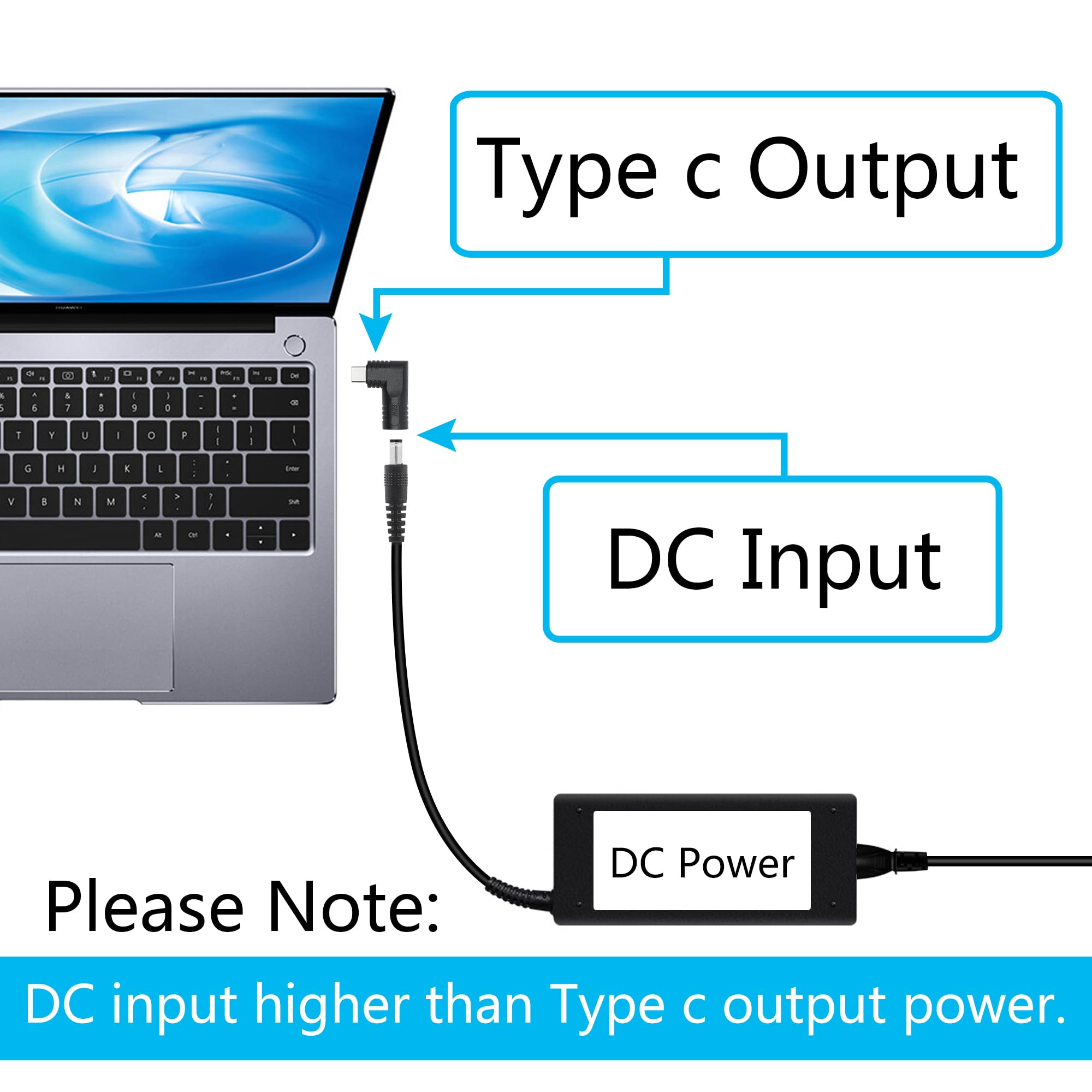Kątowy adapter złącza DC 5521 na USB C, 90 stopni PD 65 W DC 5,5 mm x 2,1 mm na USB typu C, męski adapter ładowania do laptopa, telefonu, czarny