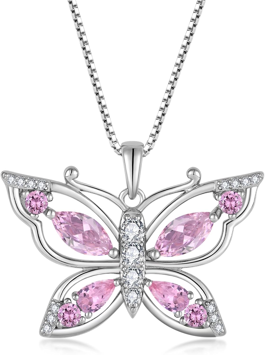 Women's Butterfly Birthstone Pendant Necklace 925 Sterling Silver 5A Cubic Zirconia Jewelry for Mother's Day Valentine Birthday Gifts for Her