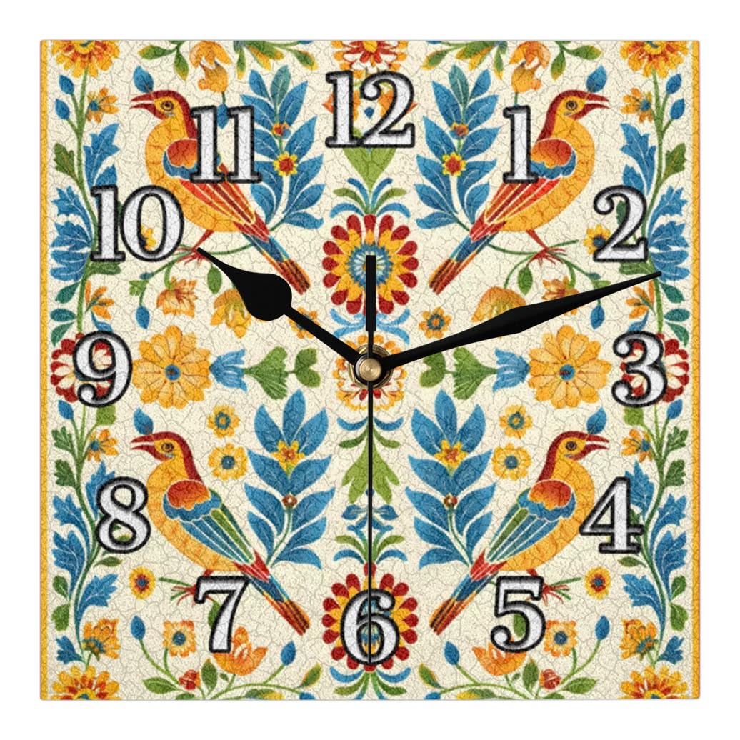 Mintoprints Mexican Style Talavera Wall Clock Bird Flower 12 Inches Square Clock Silent Non Ticking Battery Operated for Living Room Decor Clock