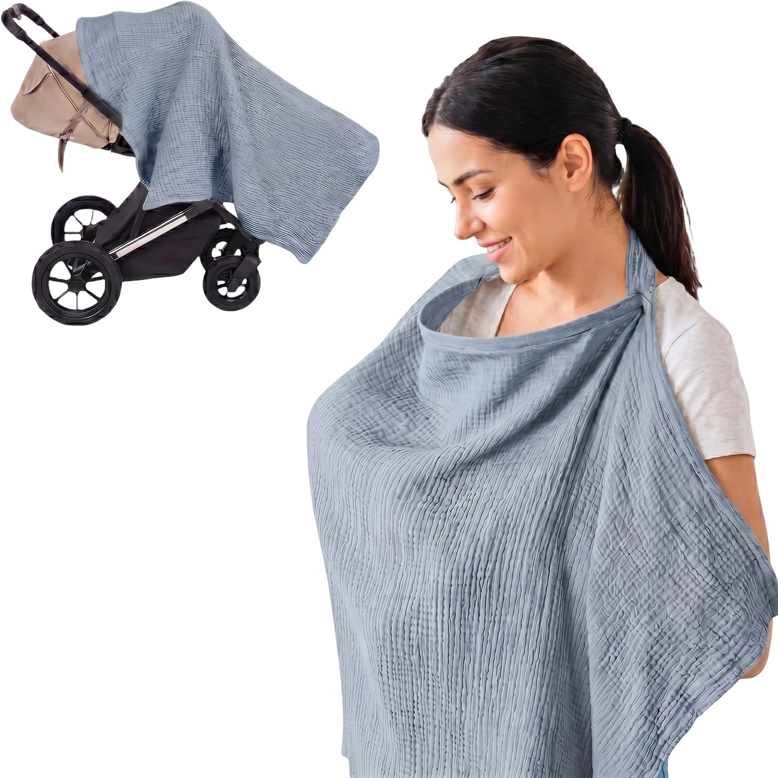 Viiotu Nursing Cover Breastfeeding, 100% Cotton Breastfeeding Cover Mother Nursing Apron Couverture Allaitement (Light Blue)