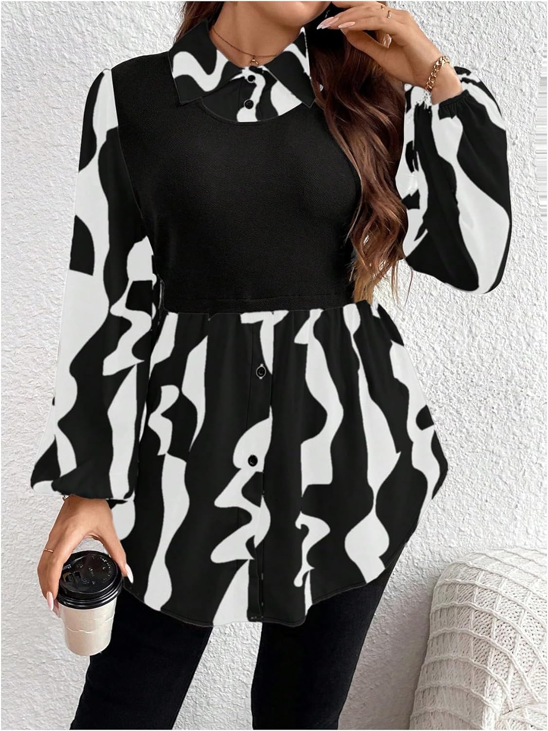 Floerns Women's Plus Size Printed Bishop Long Sleeve Shirt Collared Asymmetrical Hem Button Down Blouses - Image 4