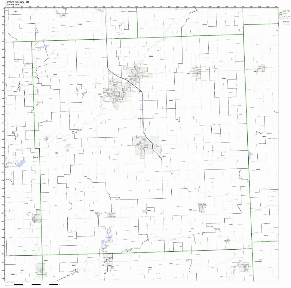 Gratiot County, Michigan MI ZIP Code Map Not Laminated