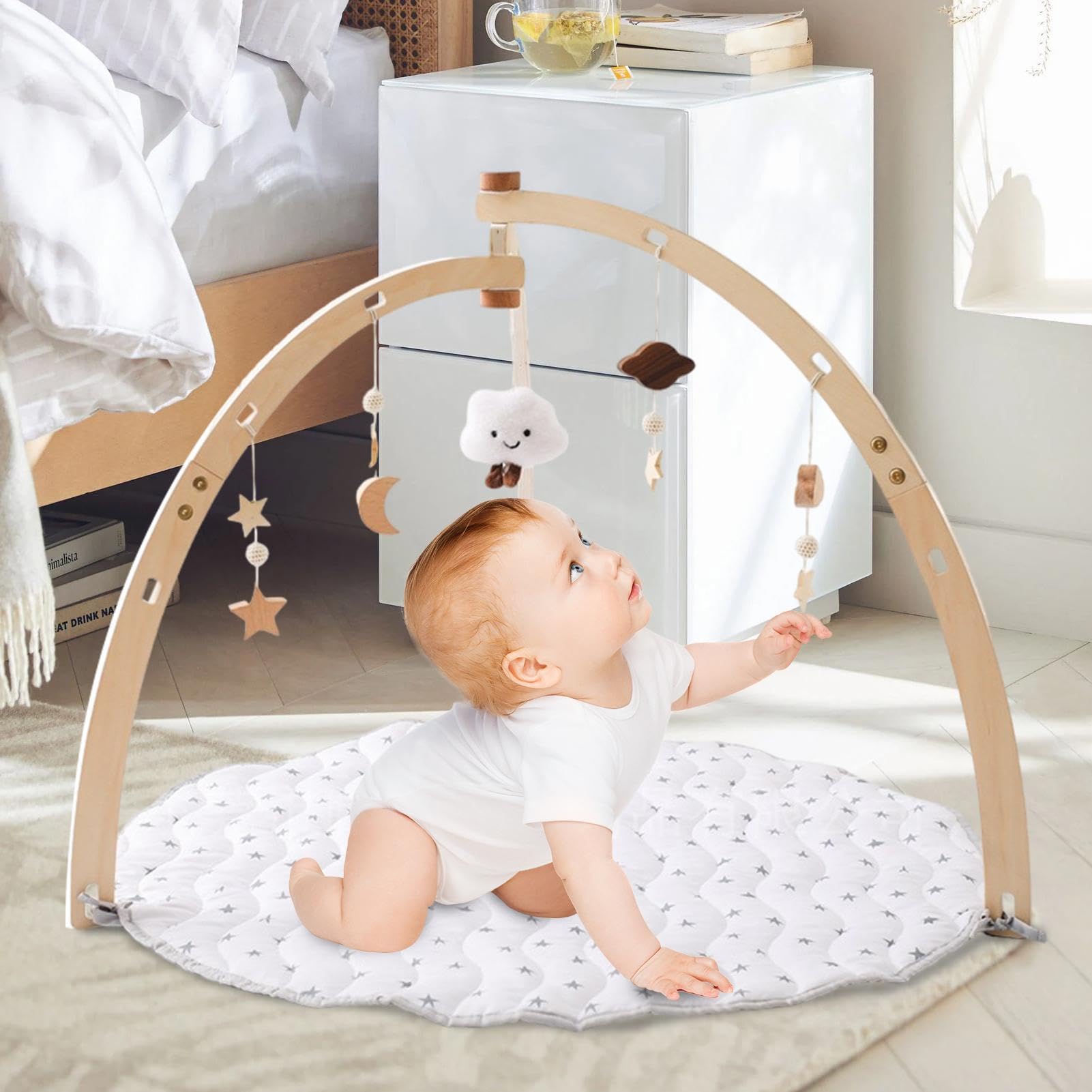 Kit de gimnasio con marco para bebé | Jugar juguetes de gimnasio | Alfombra de juego para bebé | Gimnasio de sensorial de madera | de juego de madera | Cómodo para niños, niñas y niños.