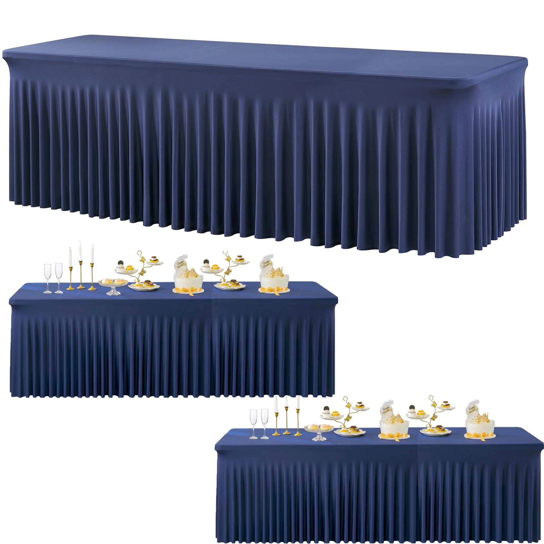 3 Packs Navy Blue Spandex Tablecloths for 8 Foot Rectangle Tables, Stretchy Fitted 8FT Blue Table Skirt for Wedding Party, Wrinkle Free Tablecloths for Banquet Wedding Birthday Party