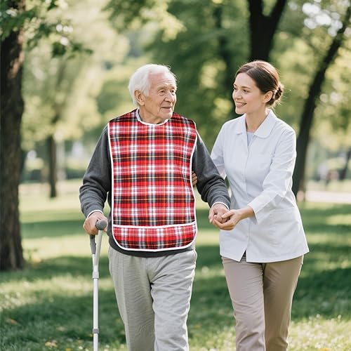 Miniatura 22 de Baberos para adultos, protector de ropa impermeable con atrapador de migas, baberos de comedor reutilizables para ancianos, hombres y mujeres Azul,