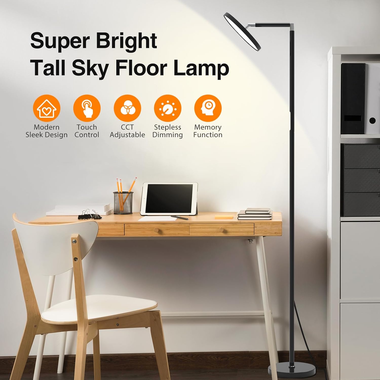 Tall LED Floor Lamps,Modern Bright Eye-Care Standing Lamp, 72'' Torchiere Sky Rotary Lamps with Touch Control, Black Corner Lamps for Living Room,Bedroom,Office