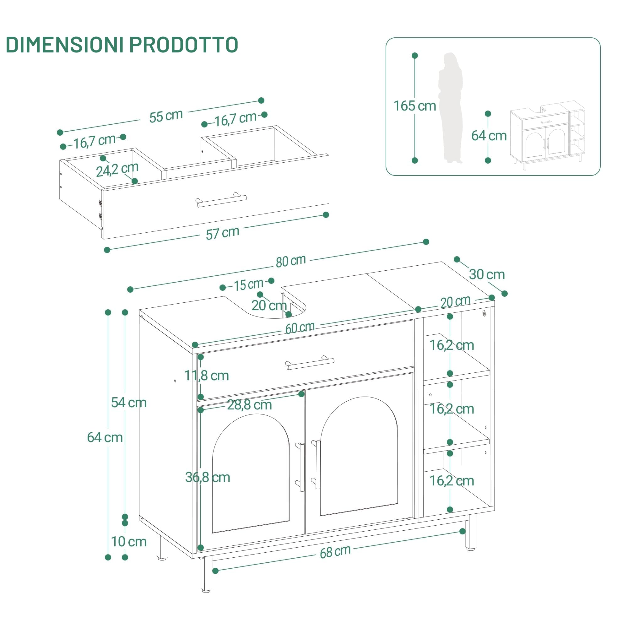 Hzuaneri Mobile Sottolavabo per Bagno, Mobiletto da Bagno, 1 Cassetto 2 Ante, Scomparto Aperto con 3 Livelli, Scomparto regolabile, 30 x 80 x 64 cm, Nero BC28804G