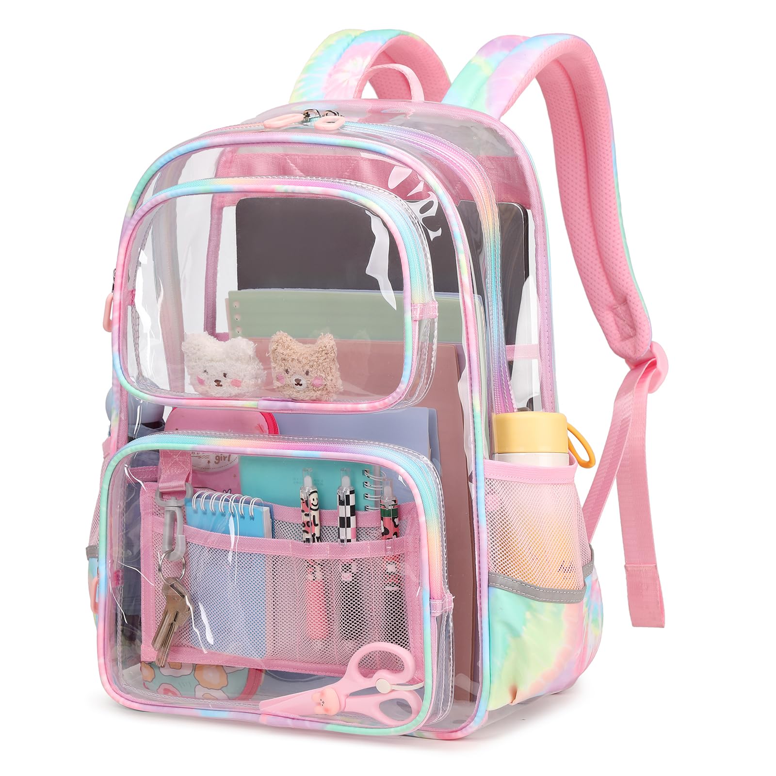 Sisipoet Pink Clear Backpack for Girls Heavy Duty Clear Bookbag, See Through Backpack for School, Stadium Events and Concert, Transparent Backpacks