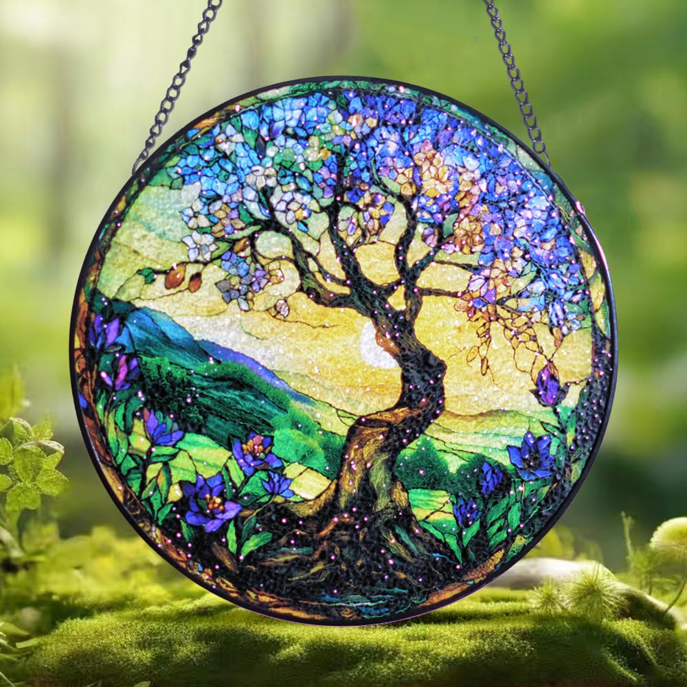 Tree Of Life Stained Glass Suncatcher - 7.87 Inch Handcrafted Window Hanging For Indoor/Outdoor Decor