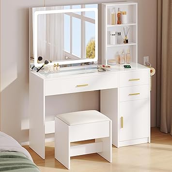 DWVO 45" W Vanity Desk w/Wireless Charging Station & Power Outlet, Mirror w/Lights Table Set with 4 Drawers, 3 Lighting Modes Brightness Adjustable for Bedroom Studio, Upgraded Milk White