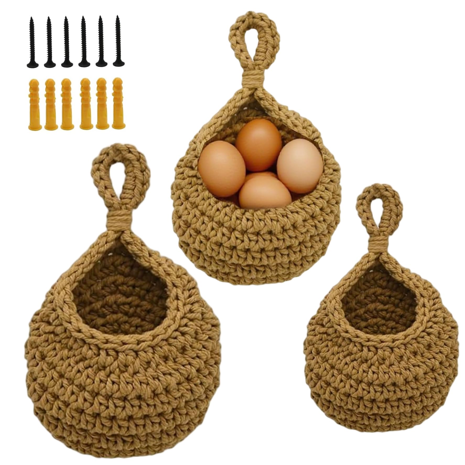 Tsawntd 3PCS Wall Basket 3 Sizes Hanging Storage Baskets Rustic Woven Hanging Fruit Baskets with Hooks for Kitchen Fruit Vegetable Basket for Kitchen