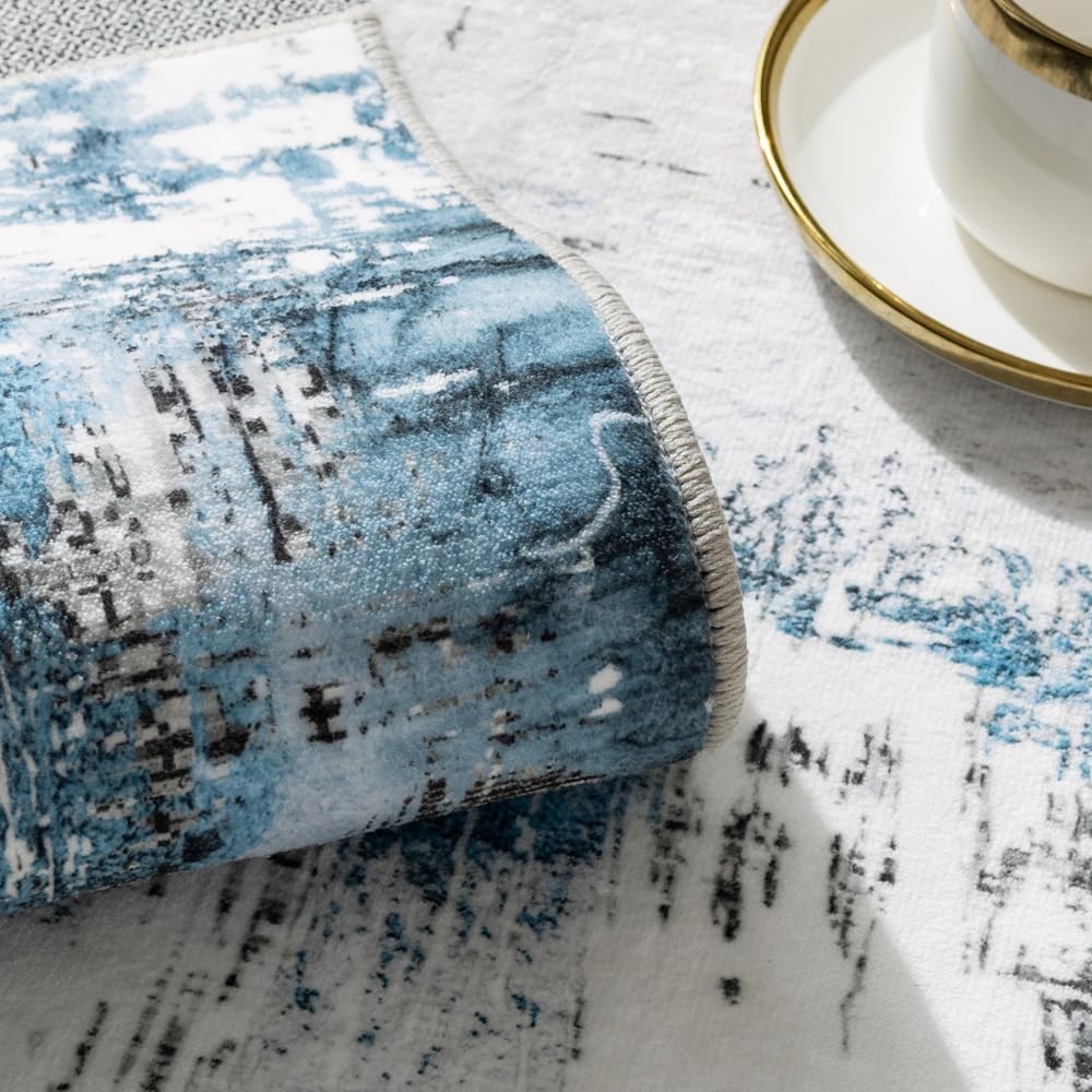 Auemtyn 5x7 Washable Area Rug - Modern Abstract Soft Thin Non-Slip Indoor Floor Carpet for Living Room Bedroom Dining Nursery Farmhouse - White Navy Blue