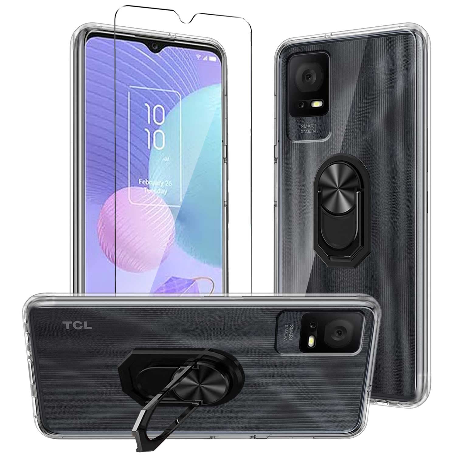 JDXHFFCase Compatible with TCL 405 / TCL 406 / TCL 408 / TCL 406S (6.6 Inch) Transparent and 360° Rotating Stand and Tempered Glass Screen Protector - Protective Case Soft Silicone Flexible TPU Case