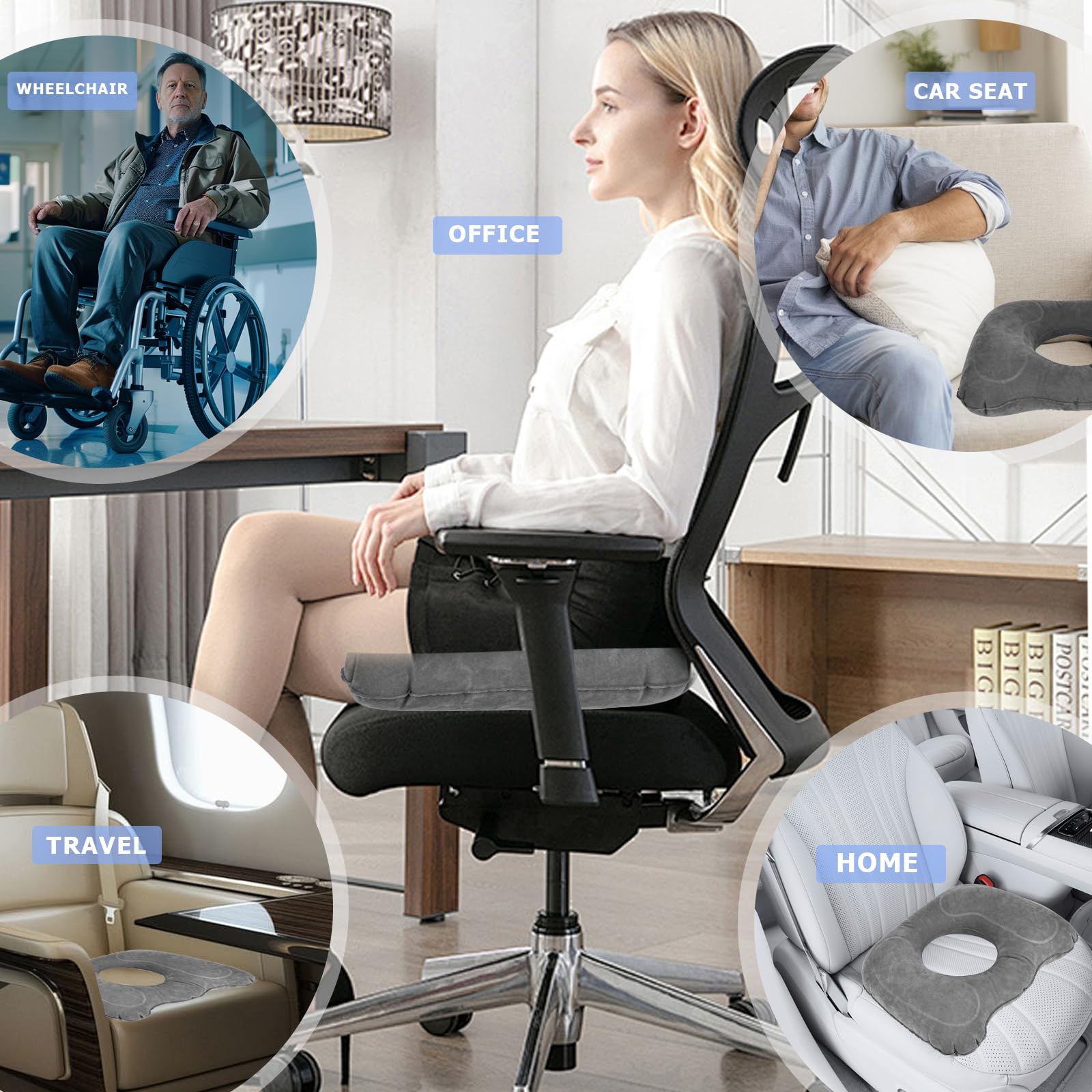Poduszka ortopedyczna nadmuchiwana, poduszka na hemoroidy, ergonomiczna poduszka na krzesło biurowe, wózek inwalidzki, krzesło przeciw hemoroidom (szary)