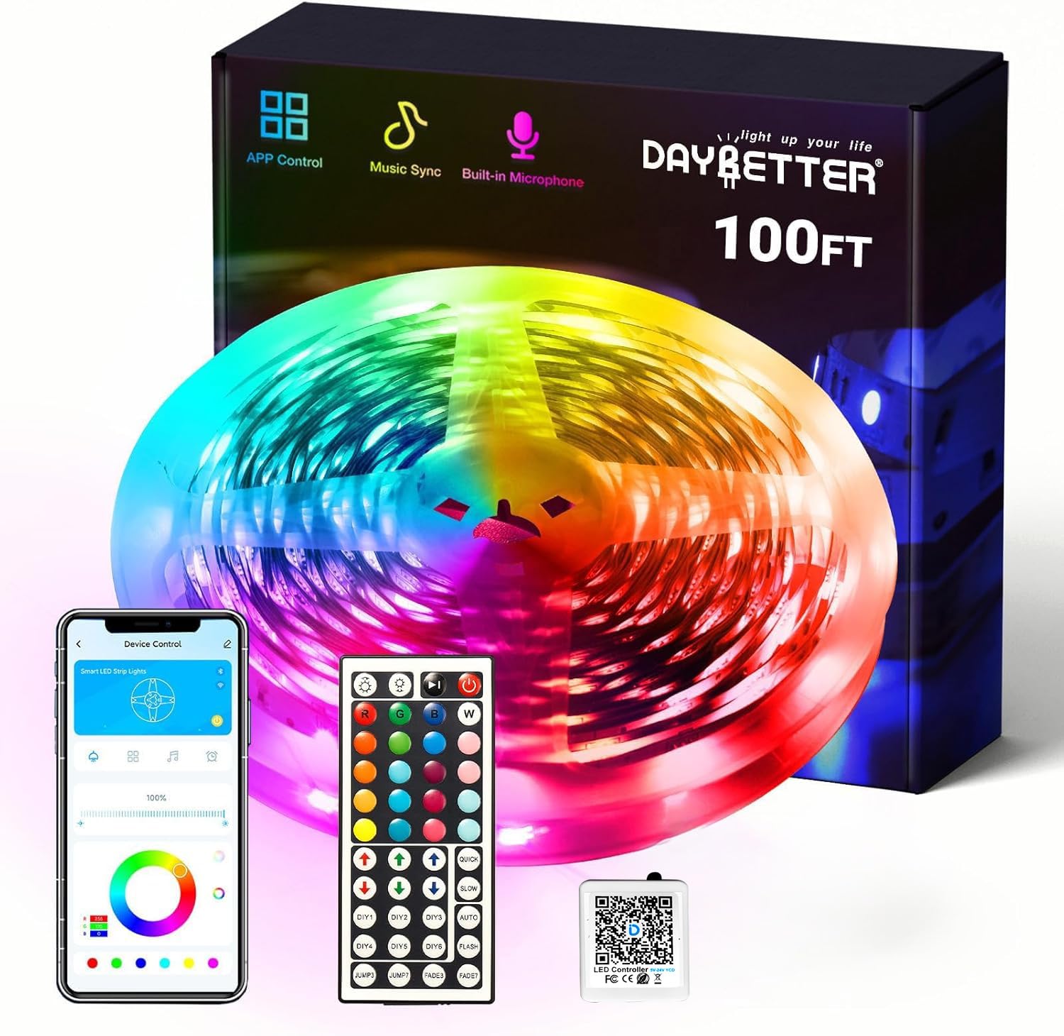 DAYBETTER Smart RGB Led Strip Lights, 100ft Led Lights for Bedroom with App Control, Multicolor Changing Led Light Strips Apply for Home Decor, Living Room, Kitchen, Home Party Decoration