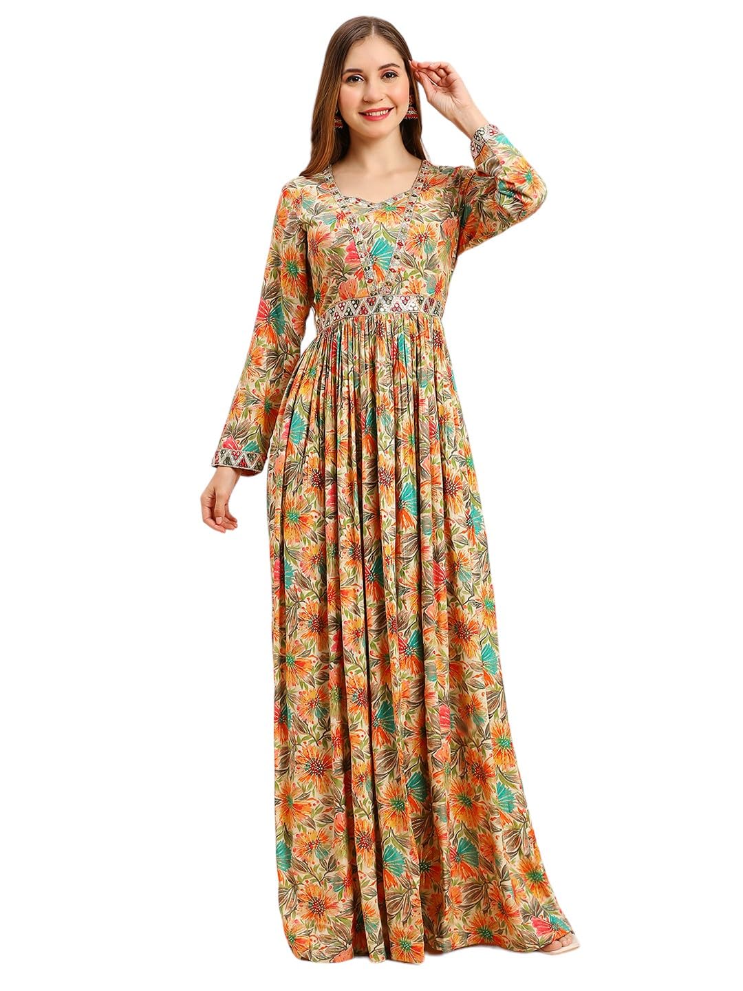 Madhuram Women’s Ethnic Foil Printed Rayon Gown with Embroidery Work(M-2469)