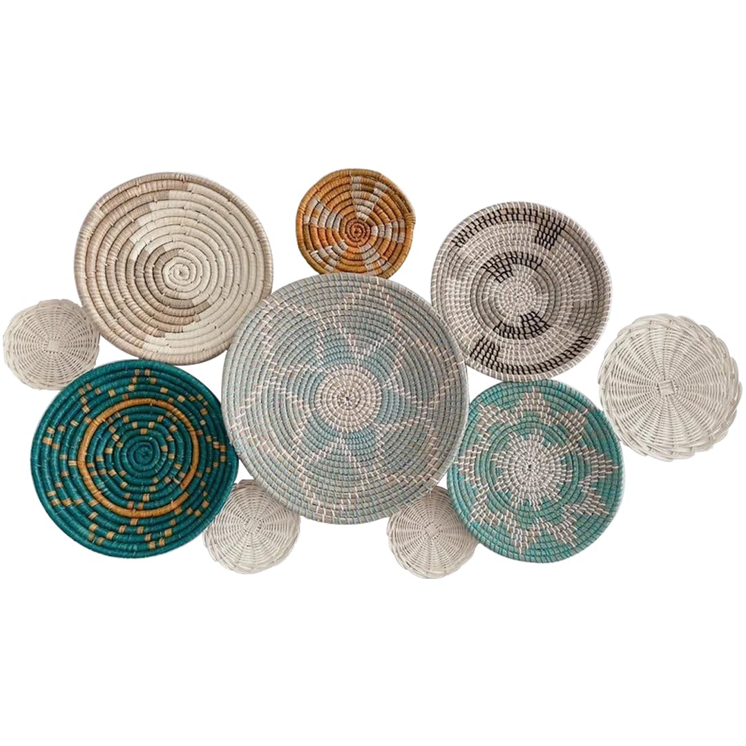Wicker Basket Wall Decor – Boho Baskets For Wall Decoration with Loop Attached, Handwoven Wall Plates, Natural Woven Wall Art for Living Room Bedroom, Decorative Seagrass Wall Hanging Set of 10