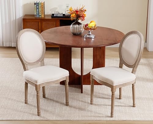 Miniatura 3 de chairus Juego de 2 sillas de comedor estilo casa de campo francés, sillas tapizadas de tela vintage con respaldo redondo y patas de madera natural,