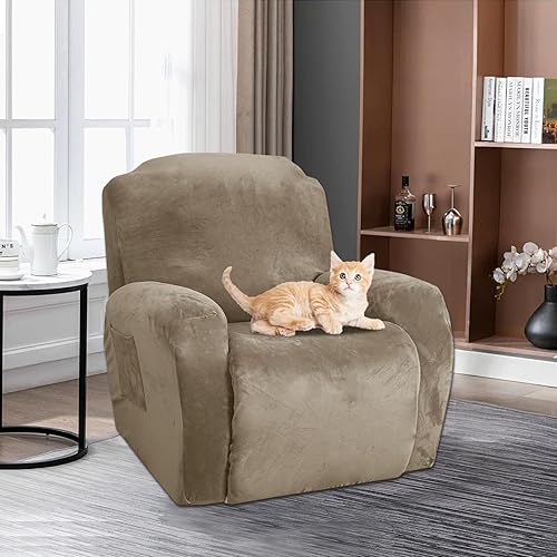 Miniatura 5 de Fundas para sofá reclinable, 4 piezas, fundas elásticas de terciopelo para sofá reclinable de 1 asiento, fundas para sofá reclinable con bolsillo