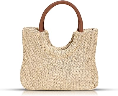 QTKJ Tote Bag for Women, Straw Beach Bag, Round Leather Handbag, Bohemian Hand-Woven, Summer Bag Suitable for Beach, Travel, Daily Matching ï¼ˆKhaki