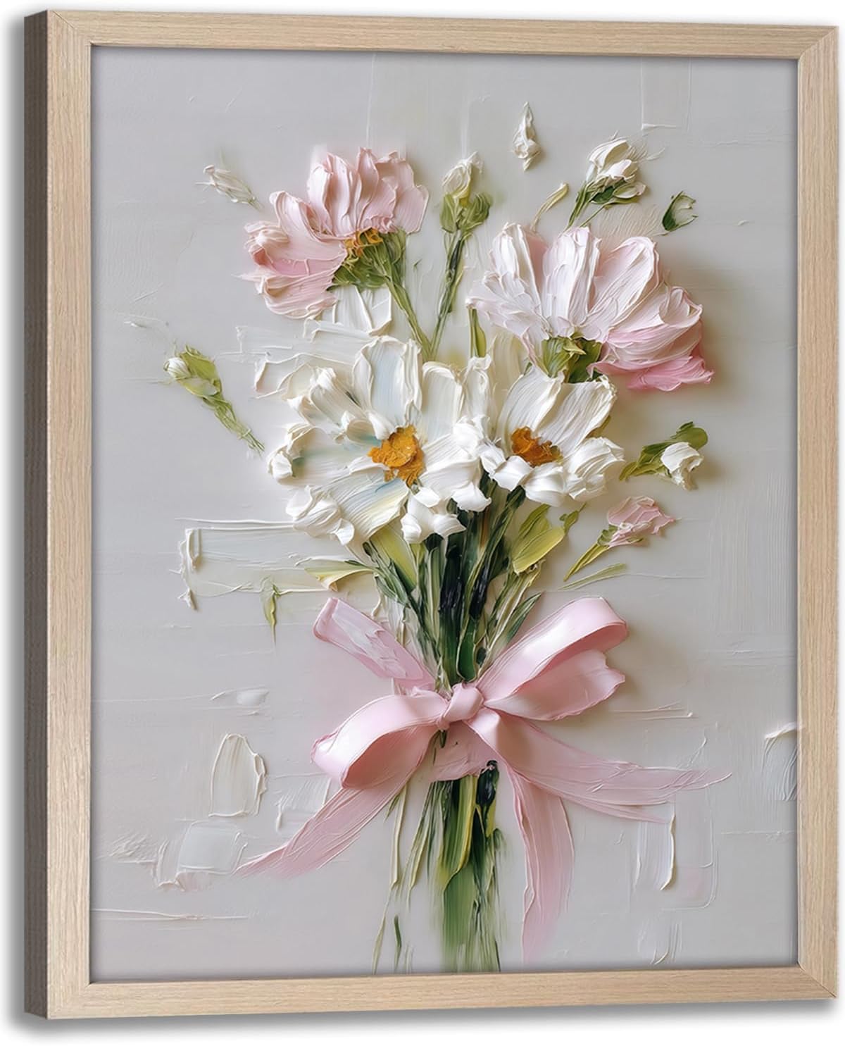 Framed Canvas 3d Relief Floral Wall Art Pink Bow Bouquet Floral Painting Textured Decorative Painting Modern Gallery Poster Print Suitable For Home Bedroom Room Decoration 12x16 Inches Ready To Hang