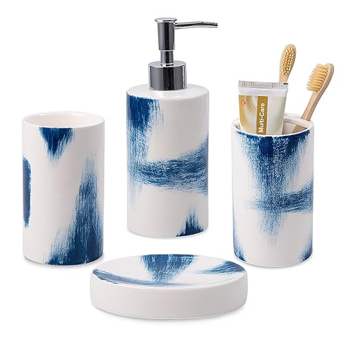 4 Piece Painted Ceramic Bathroom Accessory Set, Includes Soap Dispenser