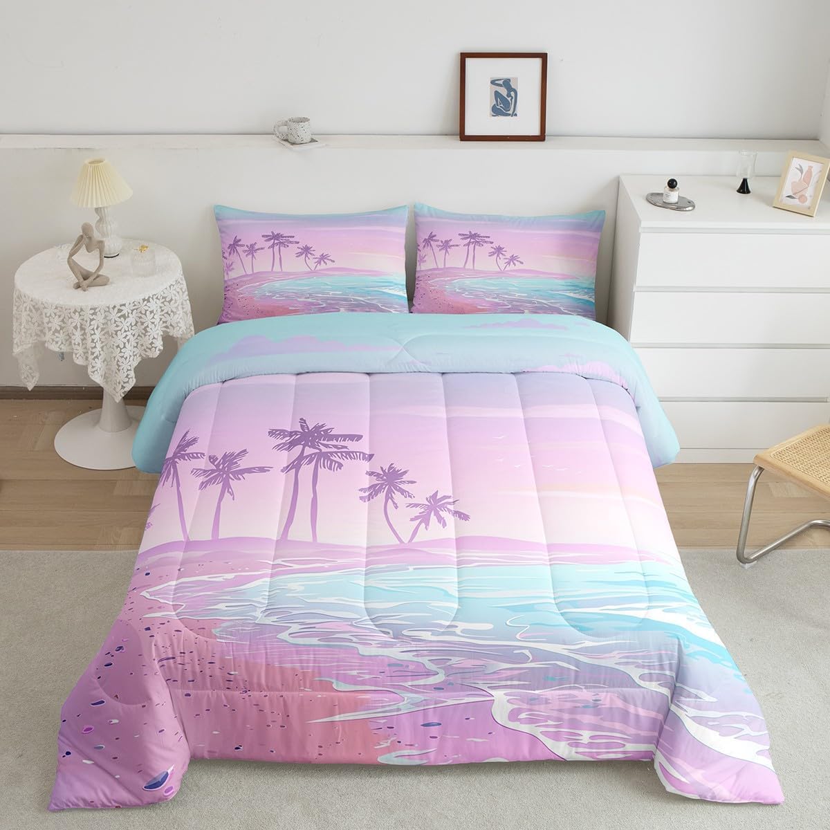 Purple Blue Beach Comforter Set Full Size,Coconut Tree Bedding Set 3Pcs for Kids Boys Girls Adult Room Decor,Ramantic Hawaii Sea Style Quilt Set Sweet Summer Ocean Duvet Insert,2 Pillowcases
