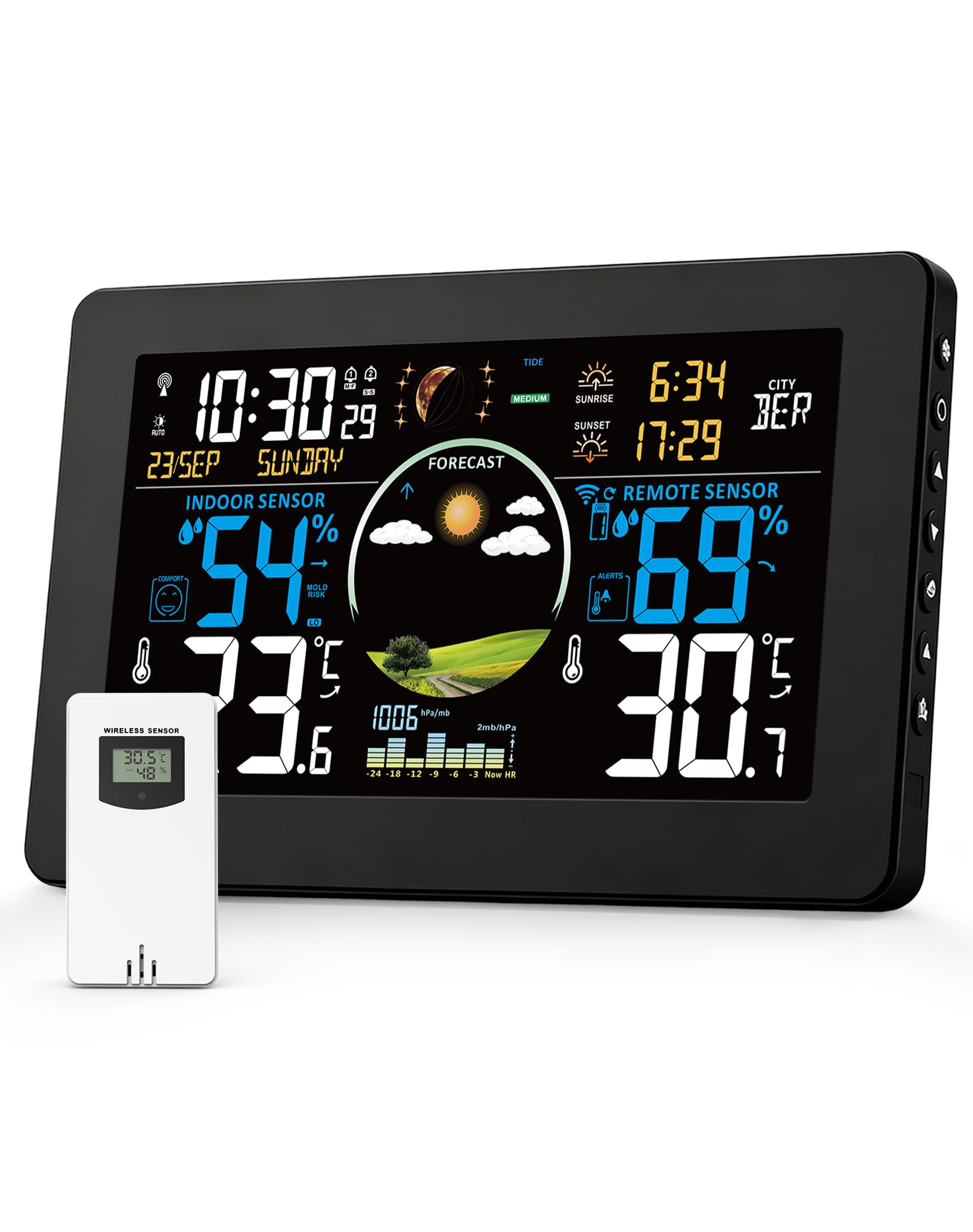 VIFLYKOO Wetterstation Funk mit Außensensor, Thermometer & Hygrometer, Wettervorhersage, Luftdruck, DCF Funkuhr, VA-Display, Batterie- & Netzbetrieb, für Innen & Außen, Schwarz