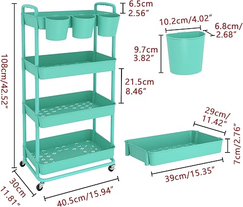 Miniatura 9 de JIUYOTREE Carrito de almacenamiento de plástico de 3 niveles con asas de tazas colgantes adicionales, ruedas bloqueables para sala de estar, baño,