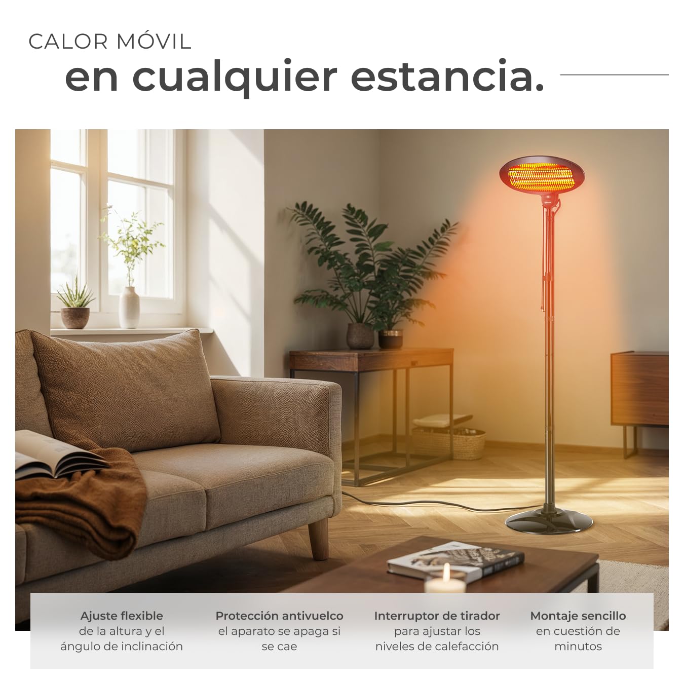 tectake® Calefactor por Infrarrojos, 3 Niveles de Potencia, Ajustable en Altura, Protección Antivuelco, Estufa Exterior, Bajo Consumo, Calefactor Electrico Terraza Exterior - Negro