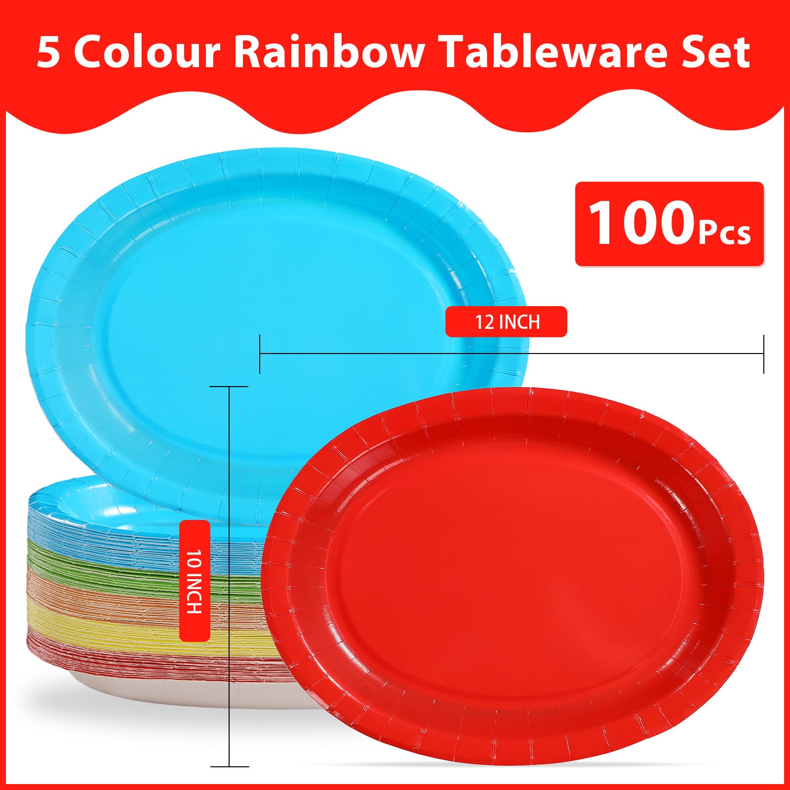 Grencian Bunte ovale Pappteller, 25,4 x 30,5 cm, groß, einfarbig, Regenbogen-Partyteller, 5 klassische Farben, robuste mexikanische Einwegteller für Fiesta, Karneval, Neon, Geburtstag, Weihnachten