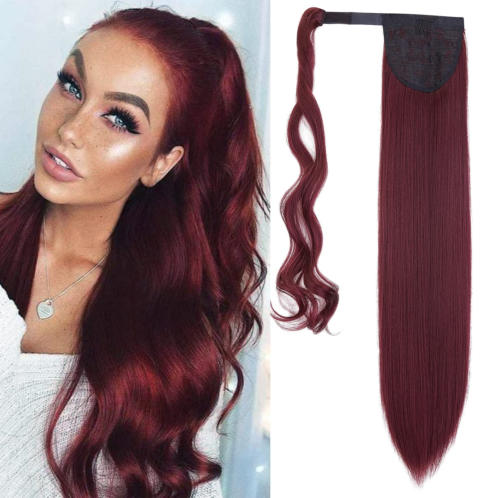 Coda Capelli Extension Coda Finta Capelli Lisci Coda di Cavallo Extension Clip Wrap Ponytail Estensione Posticci per Capelli Sintetici Parrucchino Lungo 60cm per Donna- Vino rosso