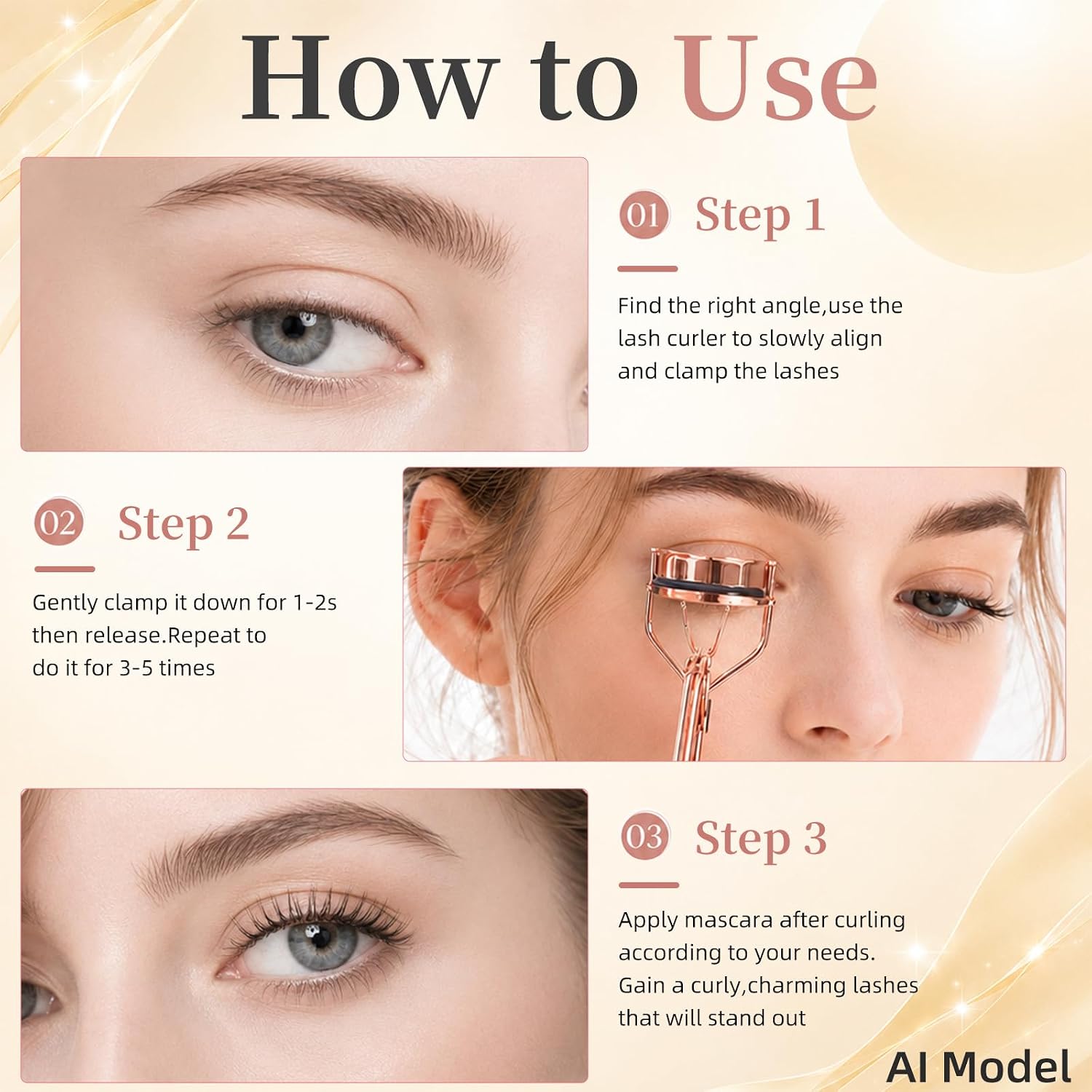 Stainless Steel Rose Gold Eyelash Curler Kit with Tweezers, Lash Brush & 6 Silicone Refill Pads
