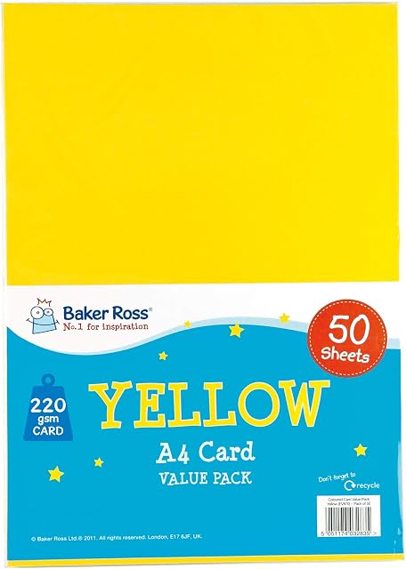 Baker Ross EV870 A4 Yellow Card - Pack of 50 Sheets, Coloured Card for Arts and Crafts